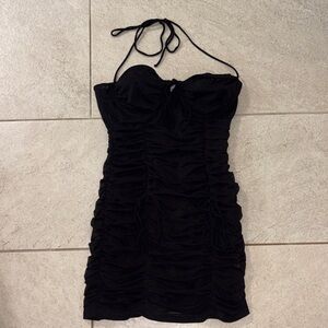 White Fox Boutique Black Ruched Halter Mini Dress